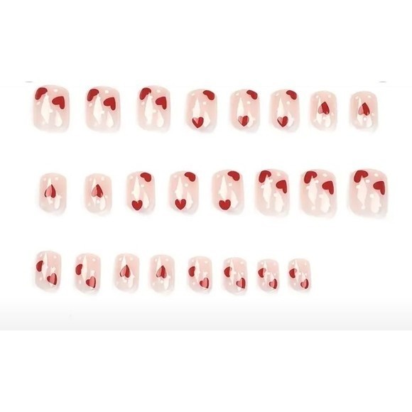 Valentine Style Short Square False Nails by Medusa Nail, Red Hearts & Polka Dots - Picture 3 of 3